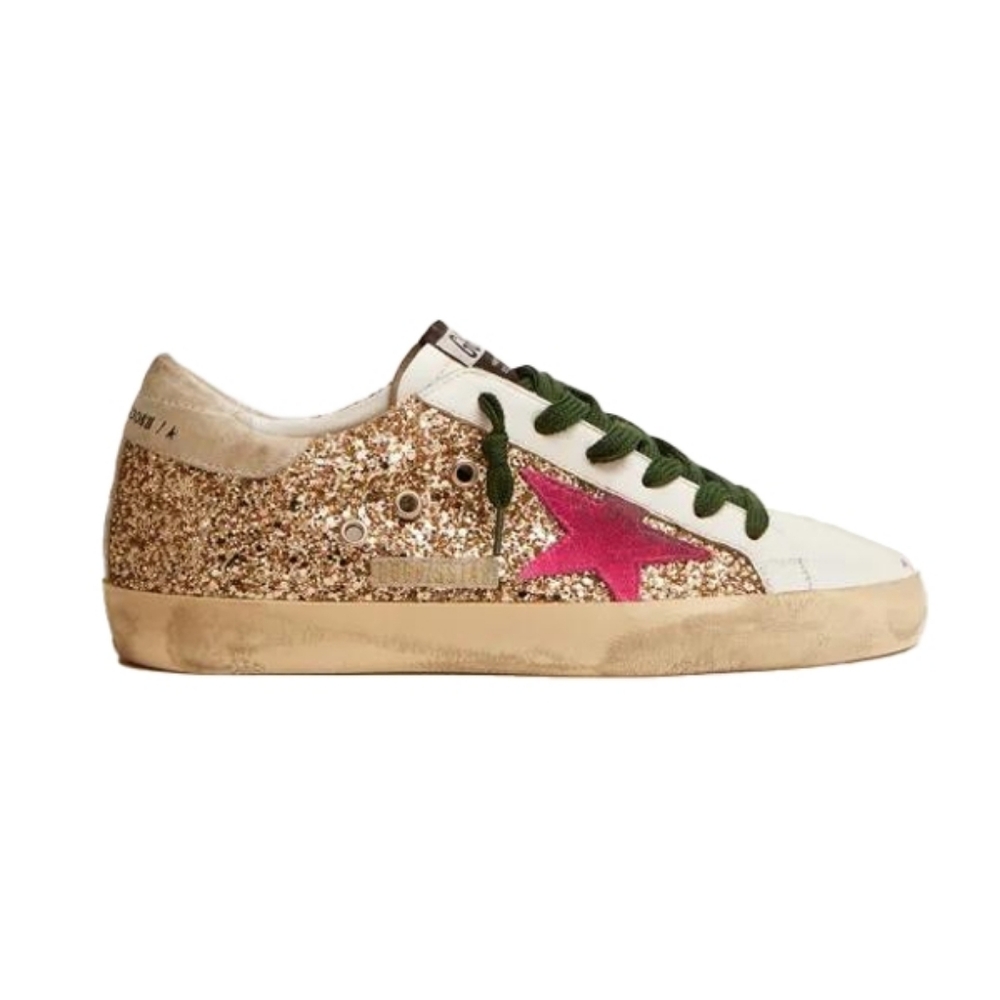 Golden Goose Glitter Gold Sneakers with Pink Star and Green Laces